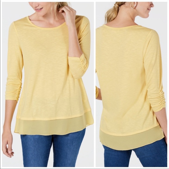 Style & Co. Tops - Style & Co Yellow Chiffon Trim 3/4 Sleeve Top Large
